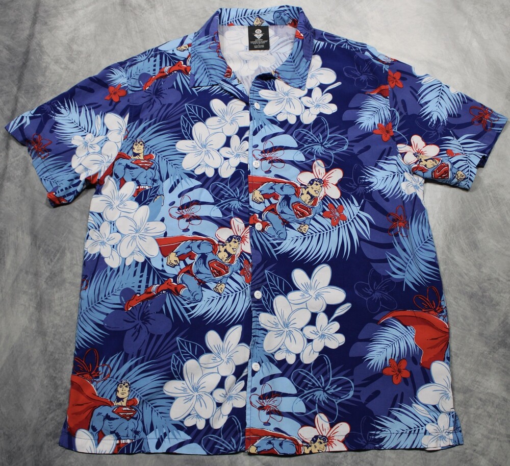 Superman Shirt Mens Large Blue Hawaiian Floral Superhero Short Sleeve Button Up